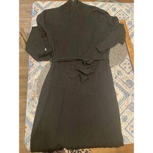 Women Black Mock Neck Long Sleeve Belted Knit Midi Dress